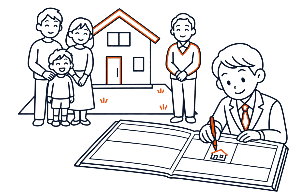 他人の土地に建てた家に住む家族と隣に立つ土地の所有者、登記簿に家の印を書き込む登記所の職員
