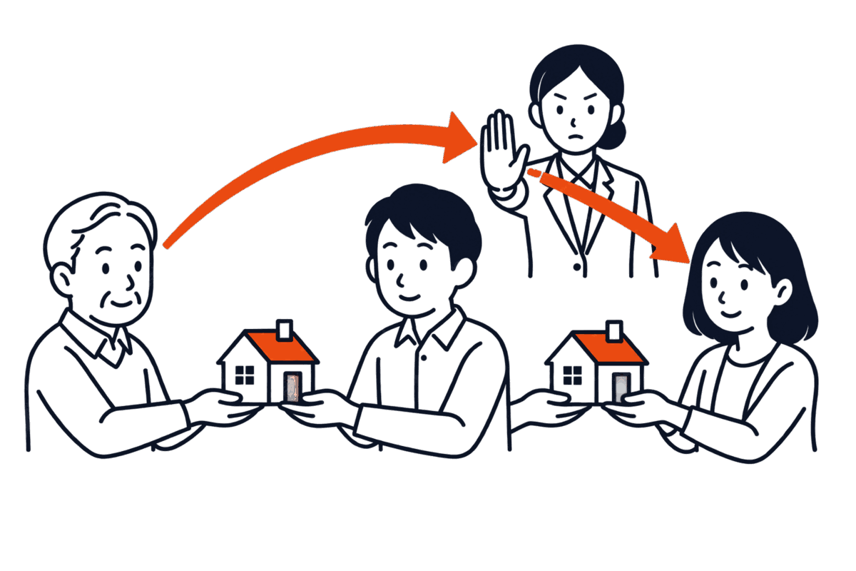 三人が一列に並んで家の模型を順に手渡し、二人目を飛ばして渡そうとする矢印を登記所の職員が手で止める