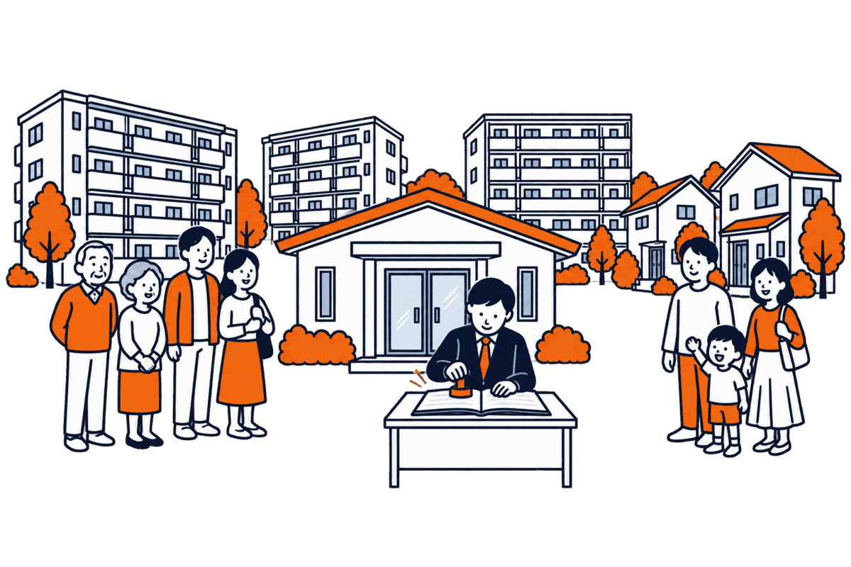 数棟のマンションと一戸建てが並ぶ団地の中央の集会所を住民が囲み、職員が集会所の台帳にスタンプを押す