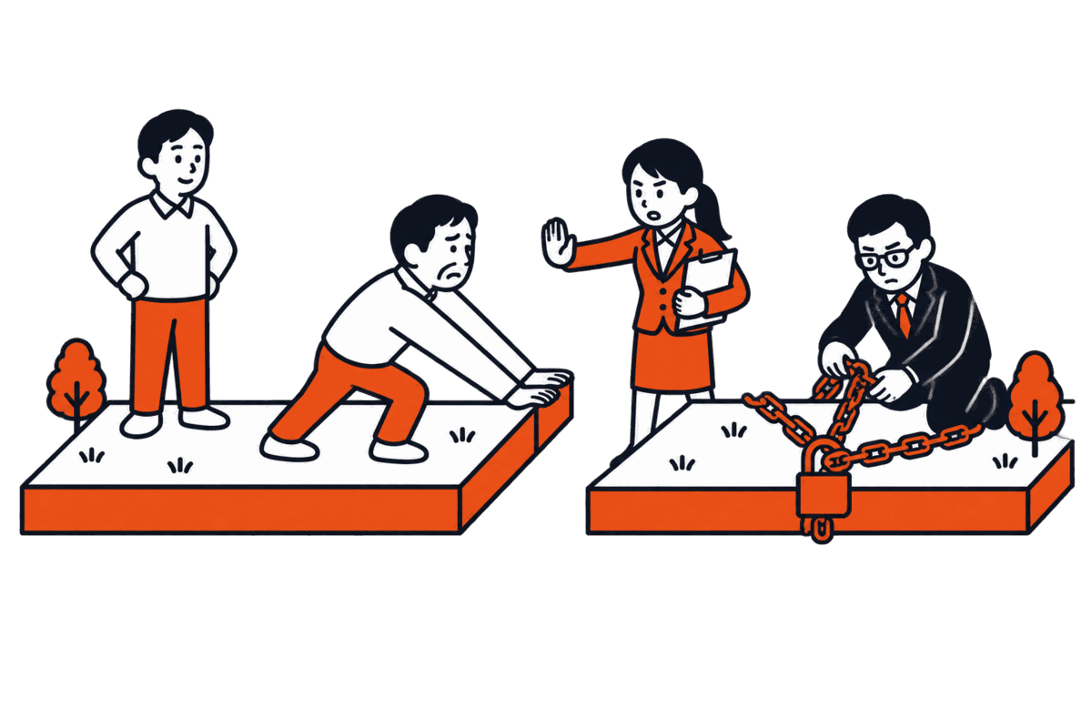 二枚の土地を合わせようとする持ち主の前で職員が手で止め、片方には別人、もう片方には鎖を掛けた銀行員