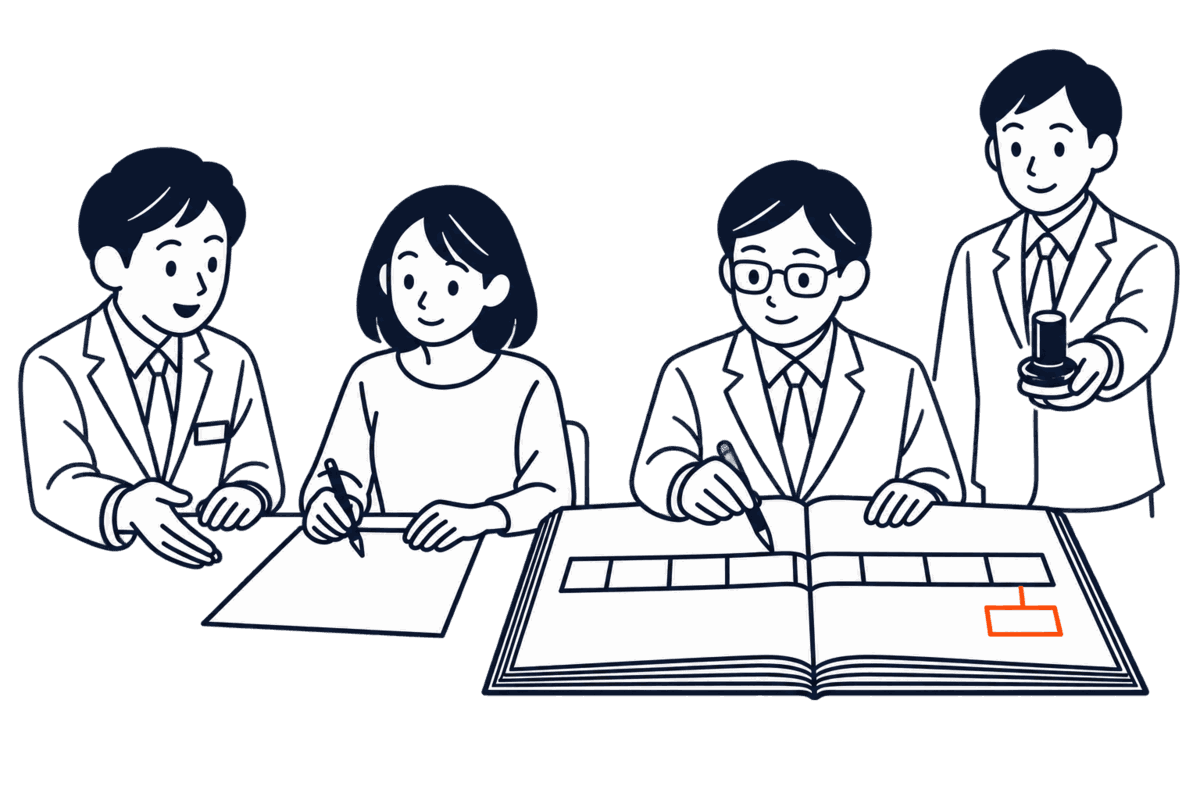 銀行員と家の持ち主が契約書を書き換え、職員が台帳の脇に枝の欄を書き足し、後順位者が承諾の印を差し出す