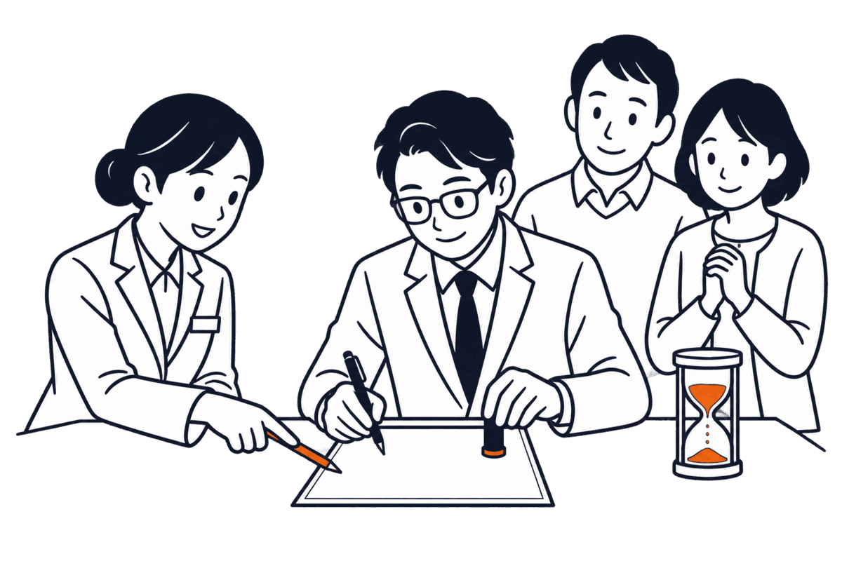 職員が赤鉛筆で申請書の一箇所を指し、司法書士が同じ机で書き直して小さな印を押している。机の端の砂時計は砂がまだ上に残る