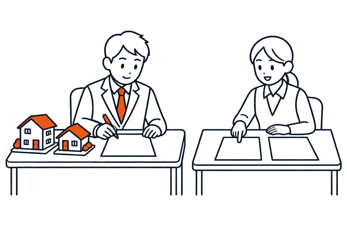 二軒の家の模型を並べた机で司法書士が一枚の申請書にまとめ、横に別々の申請書が二枚ある