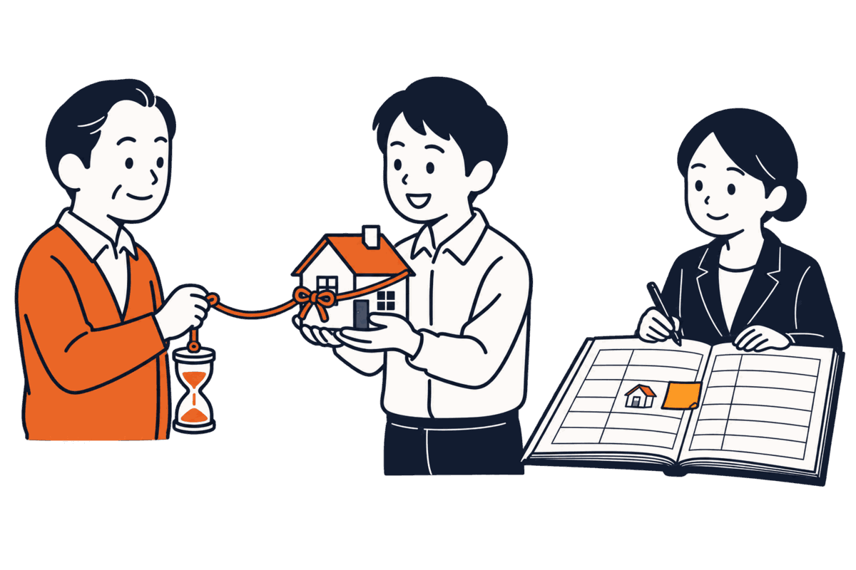 買主に渡した家に結んだ紐の端を握る売主、紐の先に砂時計、帳簿の行の脇に付箋