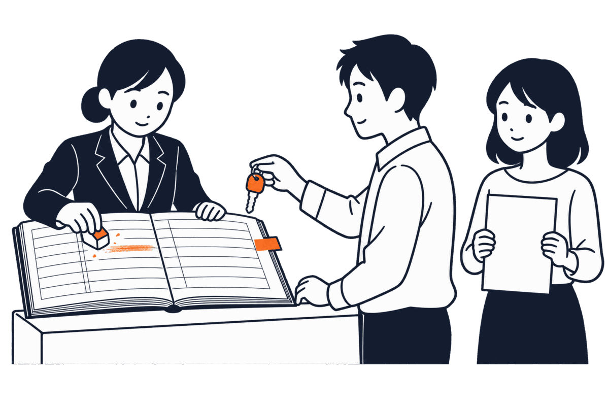 仮の印が付いた帳簿の行を職員が消しゴムで消し、窓口に仮登記名義人が一人で鍵の札を差し出し、承諾書を持った第三者が隣に並んでいる