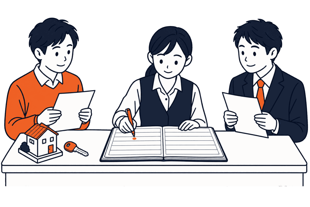 登記所の窓口で売主と買主が書面を差し出し、職員が帳簿の一行に小さな印を付けてその下を空けている。買主はまだ鍵を受け取っていない