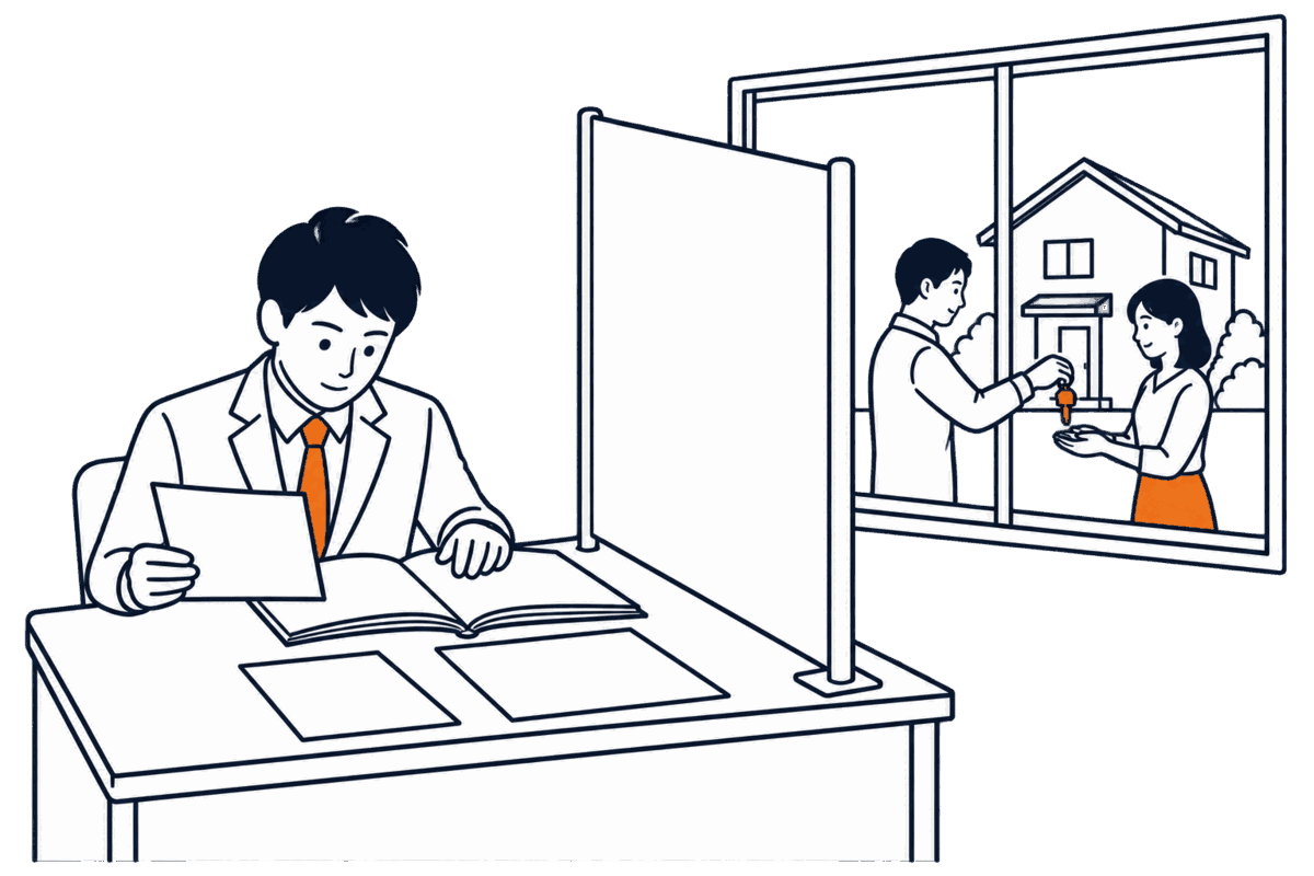 職員が申請書と帳簿だけを見比べ、窓の外で売買する夫婦と家には目を向けていない。机と窓の間に衝立