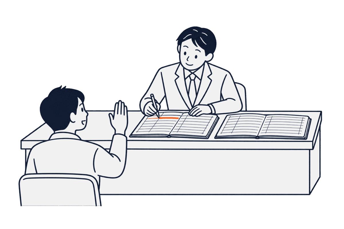 登記所の職員が台帳と住民台帳を見比べて一行を書き換え、窓口の外の本人が手を挙げて合図している