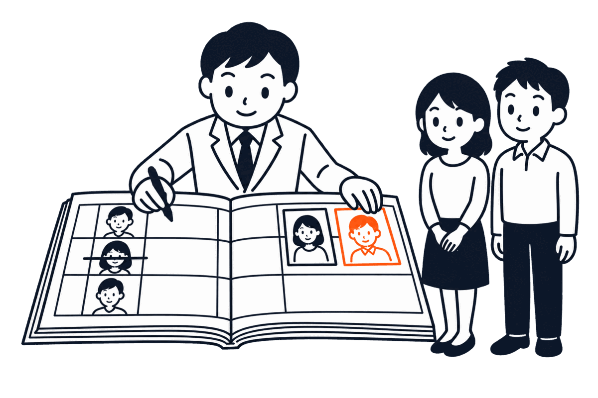 登記所の職員が台帳の一行の誤った部分に線を引き、正しい札を並べ、家の持ち主二人が前に立つ