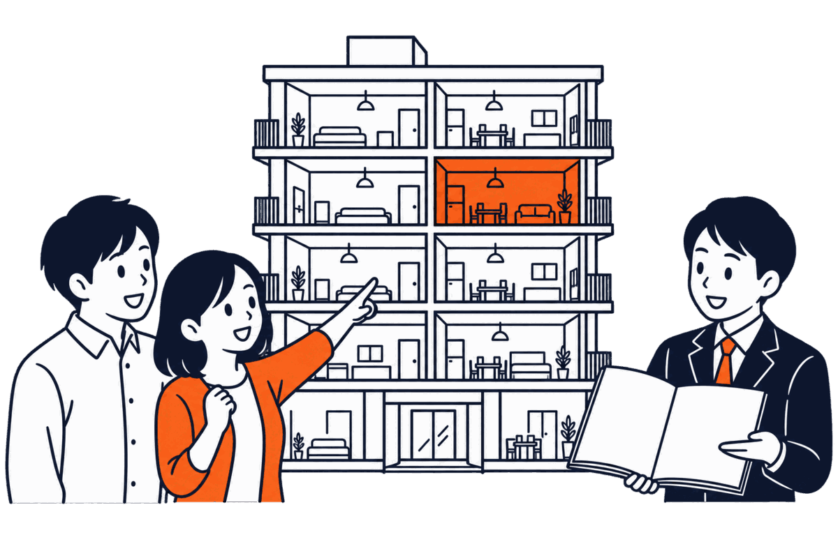 マンションの断面図で一室だけが塗られ、夫婦がその一室を指さし、登記所の職員が台帳を見せている