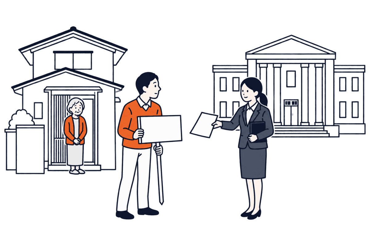 本人の住む家の前で後見人が売却の看板を立てるのを家庭裁判所の許可が出るまで待つ場面