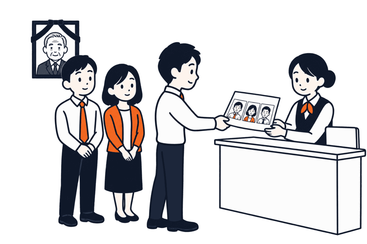 遺影の前の三人の相続人のうち一人だけが窓口に進み、三人全員の名前が並んだ申請書を出す