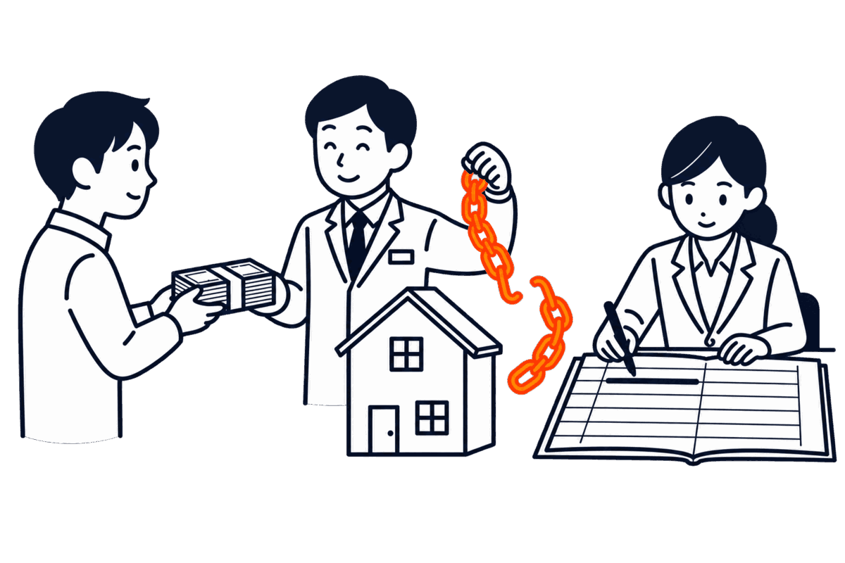 家の持ち主が銀行員に札束を返し、銀行員が家の鎖を外し、職員が台帳の一行に取り消し線を引く