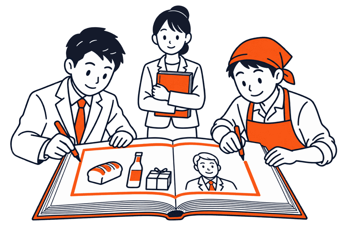 帳簿の枠線を描き直す銀行員と店主、奥で登記簿を抱える登記所の職員