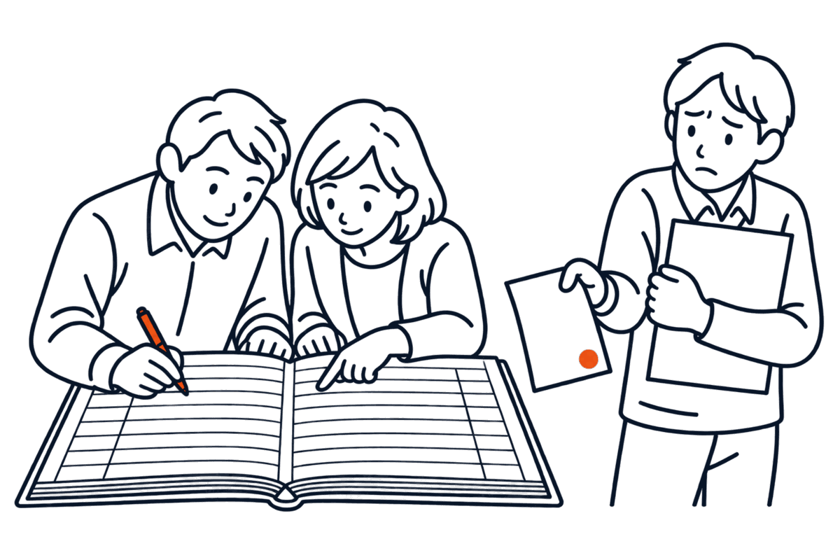 登記簿の一行を書き換える二人の脇で第三者が自分の権利の札を抱えて承諾書を差し出すか迷う場面