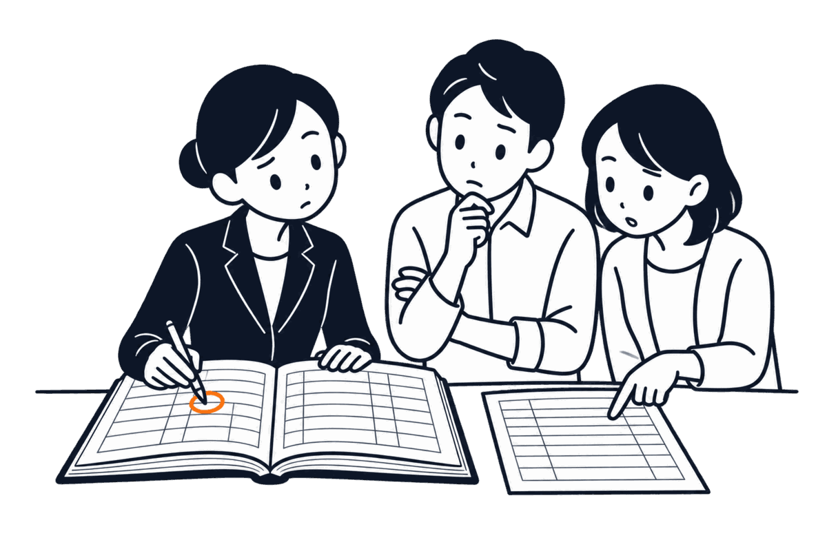 職員が台帳と契約書を見比べて一行の一か所に丸を付け、夫婦の片方が契約書を指さす