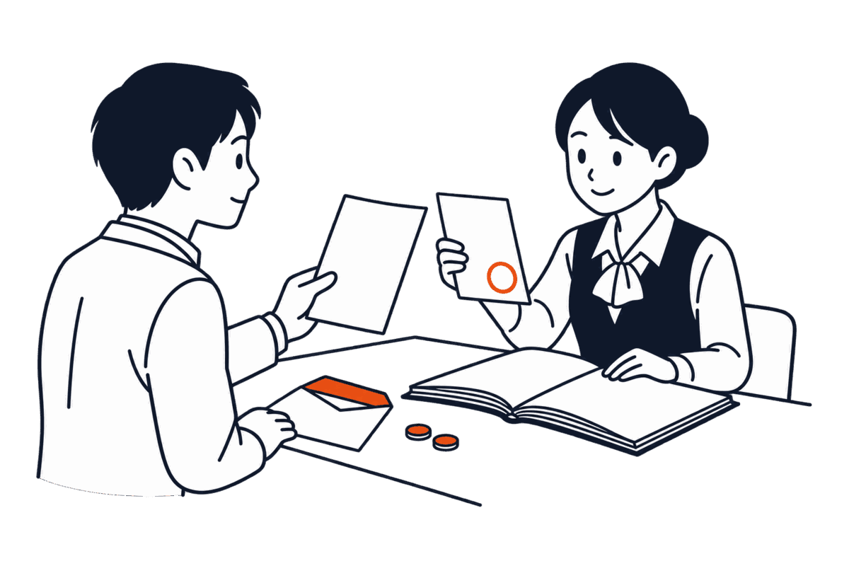 窓口で書面を登記簿と見比べ、丸印の証明書を返す係員