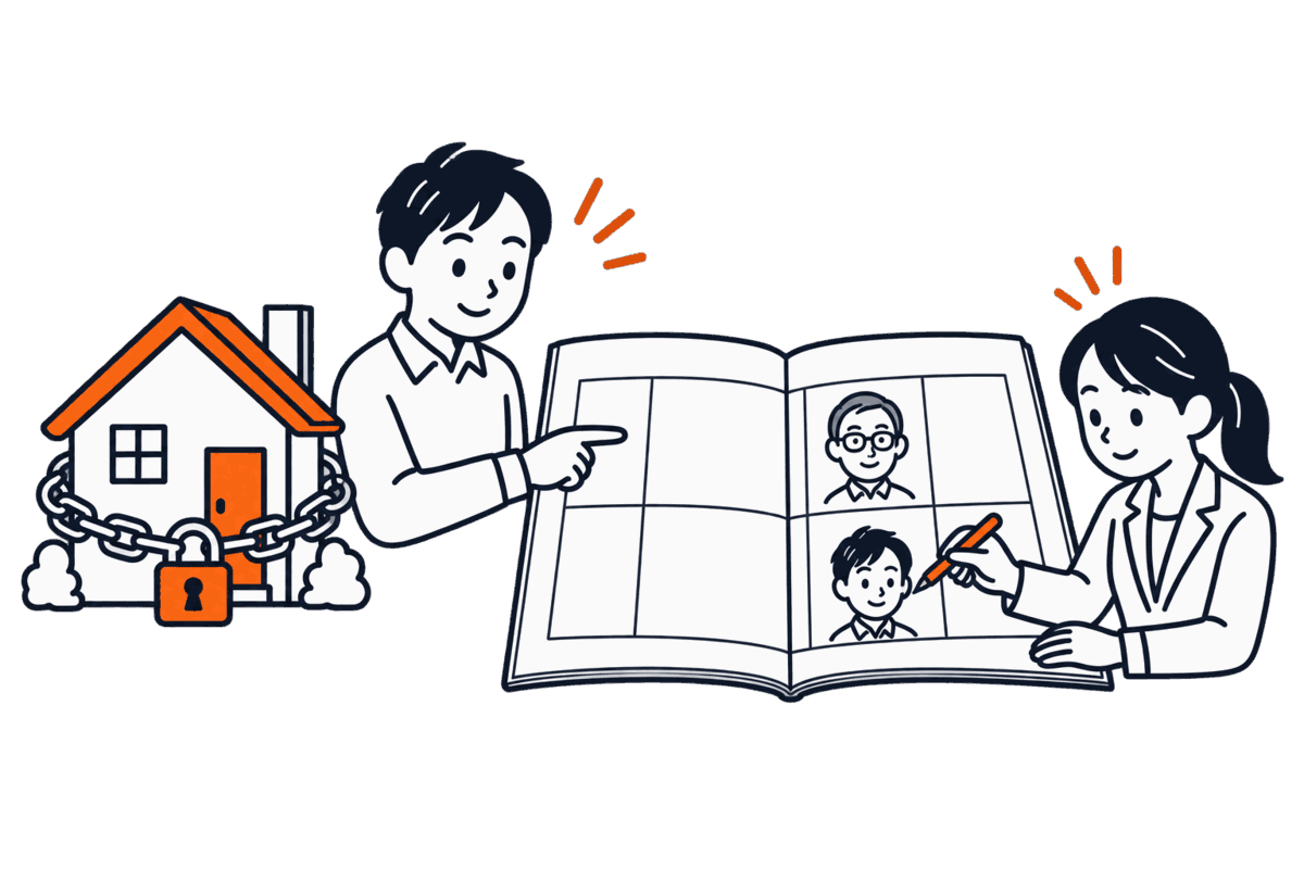 帳簿の誤った名義を消さずに次の行へ正しい名前を書き足す職員と、残ったままの抵当権の鎖