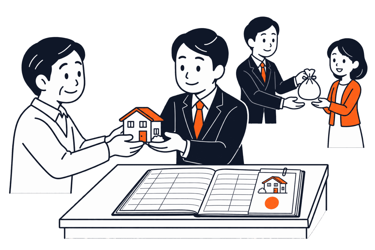 持ち主が受託者に家の模型を預け、帳簿の行に信託の印のついた目録が添えられている