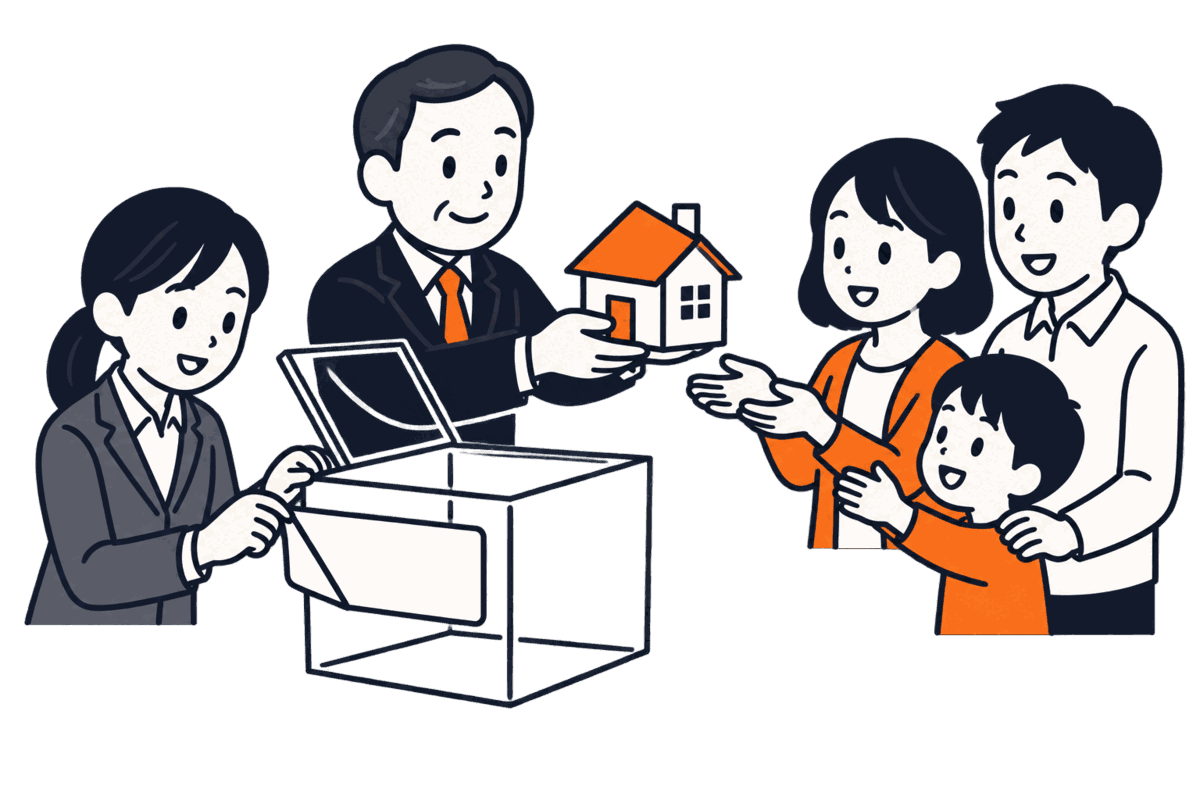 受託者が箱を開けて家の模型を委託者の家族に返し、職員が札を剥がしている
