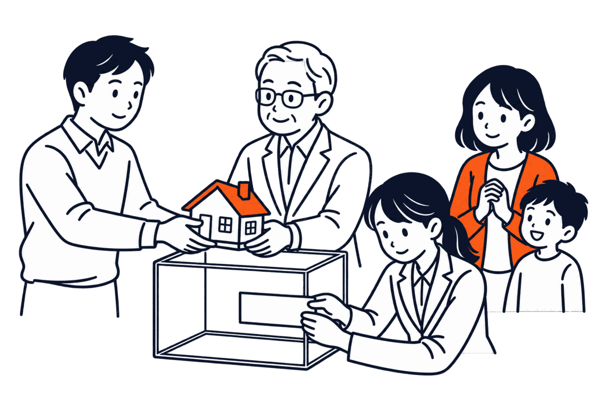 家の持ち主が家の模型を受託者に預け、受託者が透明な箱に入れ、登記所の職員が箱に札を貼っている