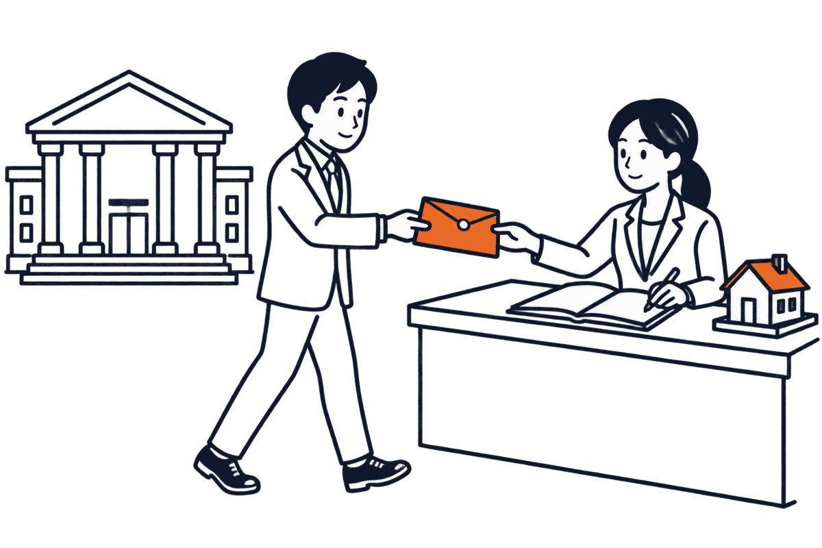 裁判所から封書を持った職員が登記所の窓口へ歩き、窓口の職員が封書を受け取って台帳に記入している