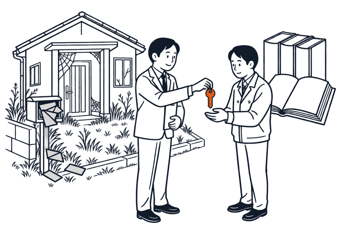 蜘蛛の巣の張ったドアと手紙のあふれる郵便受けの家の前で、裁判所の職員が管理人に鍵を渡す