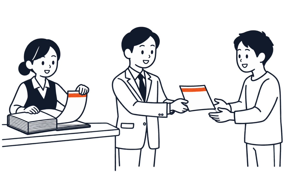 登記所の職員が台帳から証書を切り離して発行し、銀行員が次の投資家へ手渡す場面