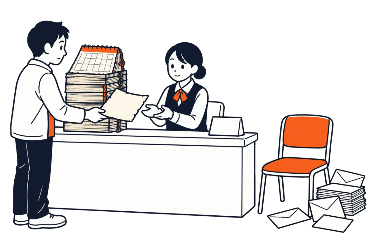 所有者が一人で古い書面とカレンダーの束を職員に差し出し、反対側の椅子は空いている