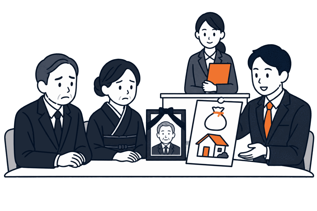 遺影の前の相続人に、債務の袋の絵が付いた書面を差し出す銀行員