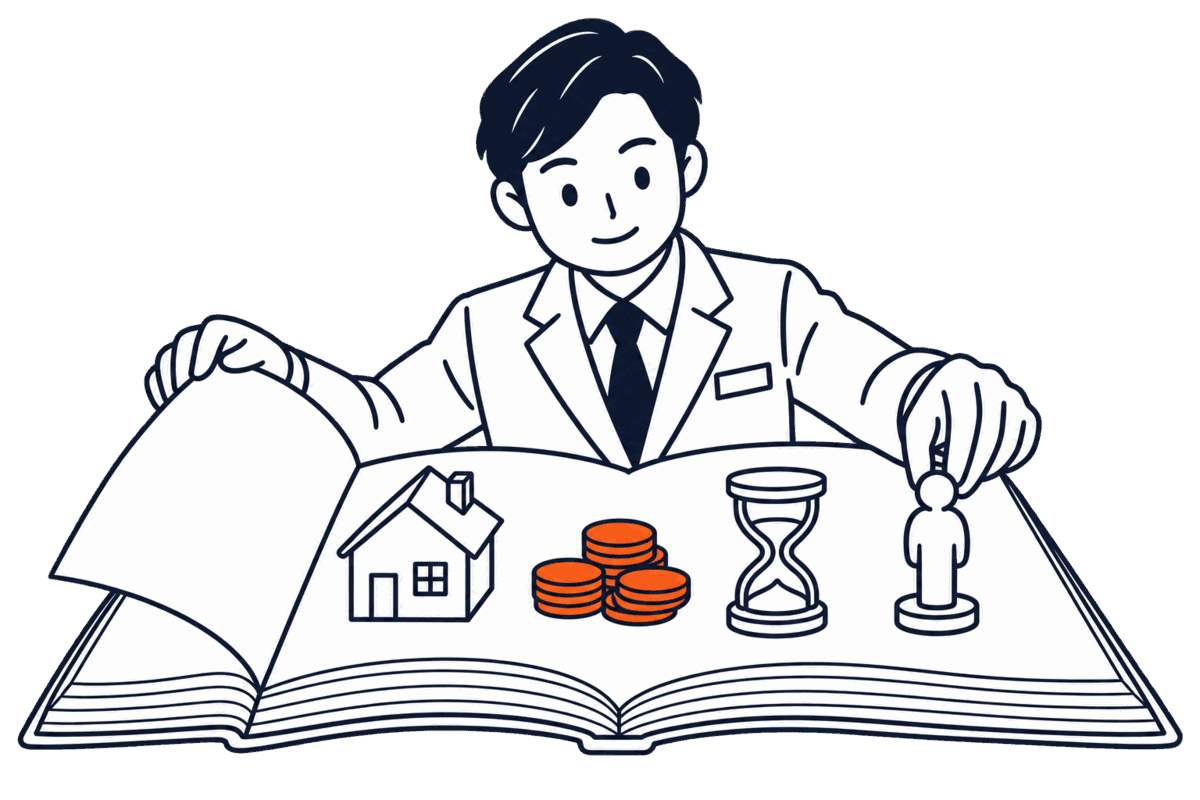 登記所の台帳に、家の模型・硬貨・砂時計・人物像が順に並べられている場面
