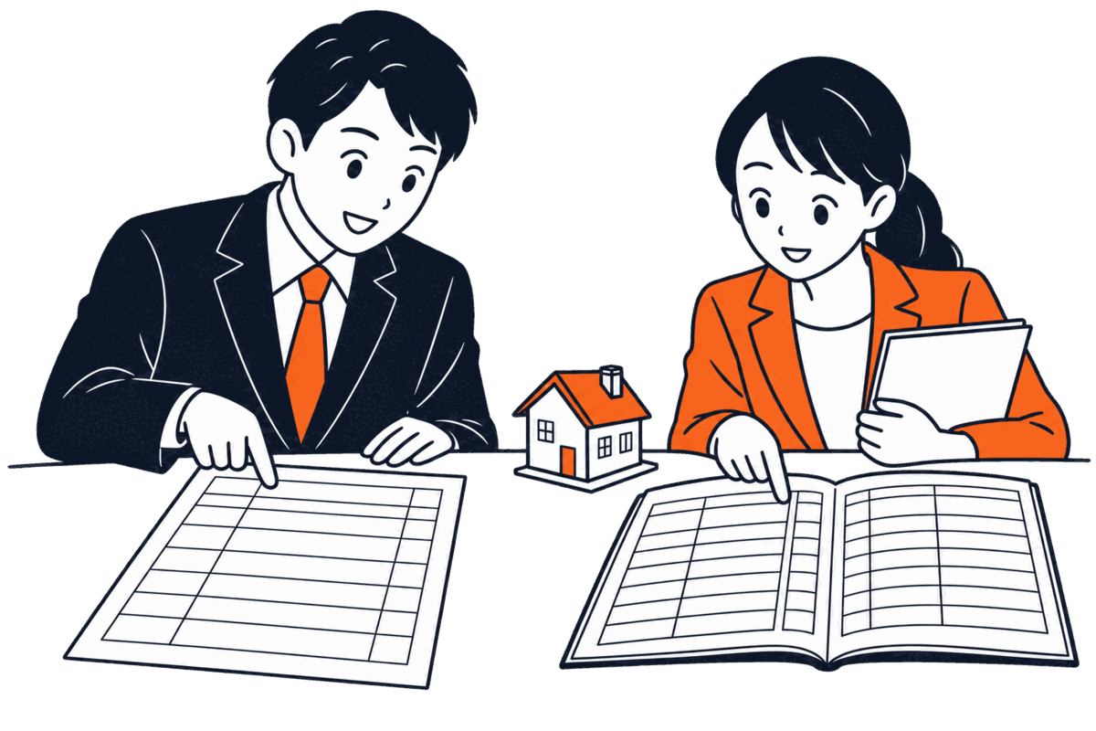 申請書の一番上の行を押さえる司法書士と、登記簿の順位番号の列を指す職員