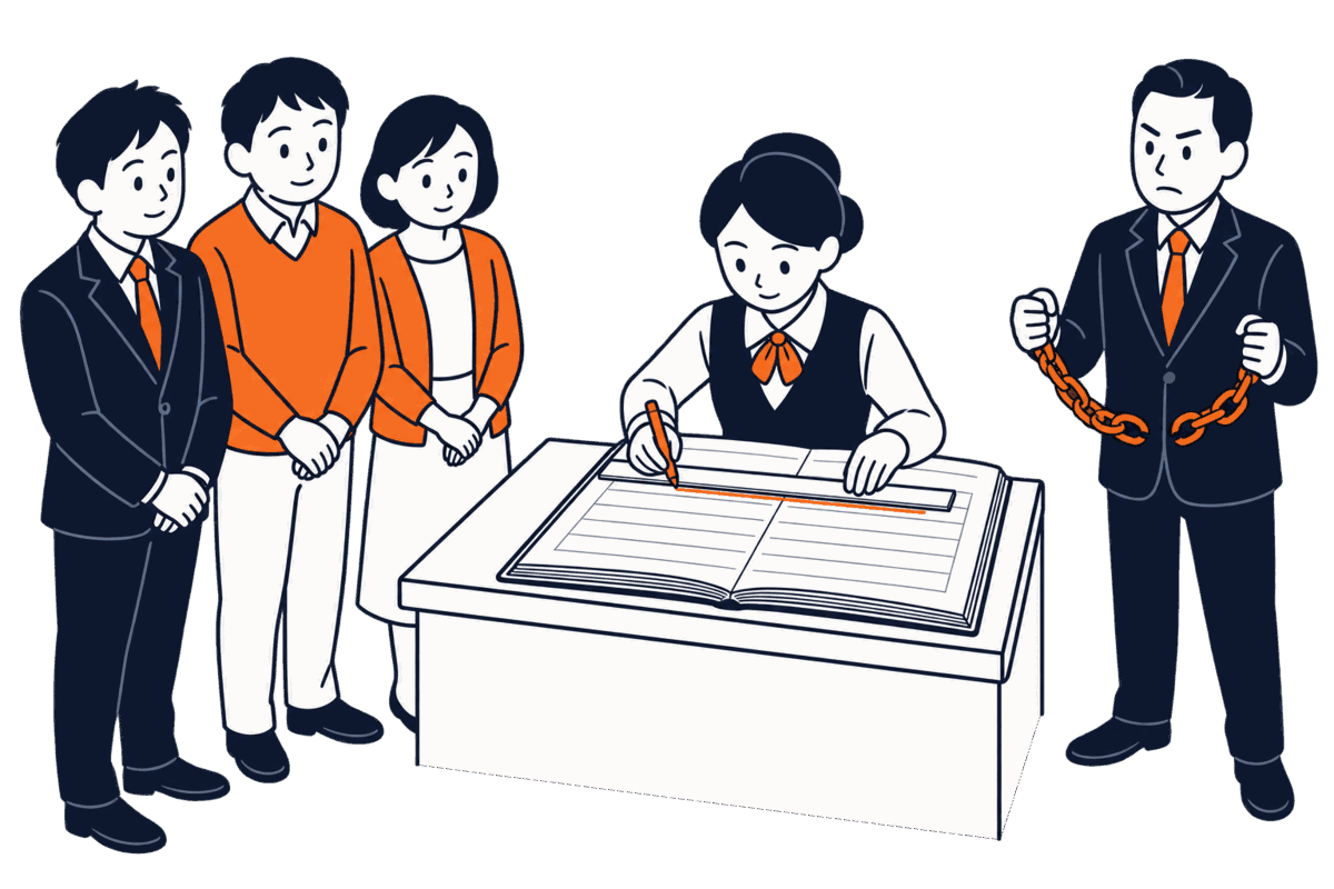 職員が一人で大きな帳簿を開き、定規を当てて一行に線を引いている。カウンターの外で司法書士と夫婦が申請書を持たずに見ている