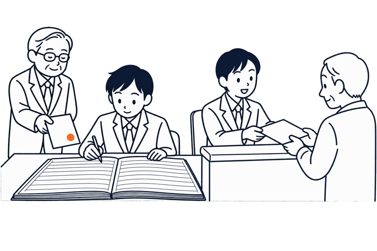 職員が台帳の誤りに気づき、上司が許可の印の書面を渡し、職員が一行を書き直して窓口の外へ通知の封筒を渡す