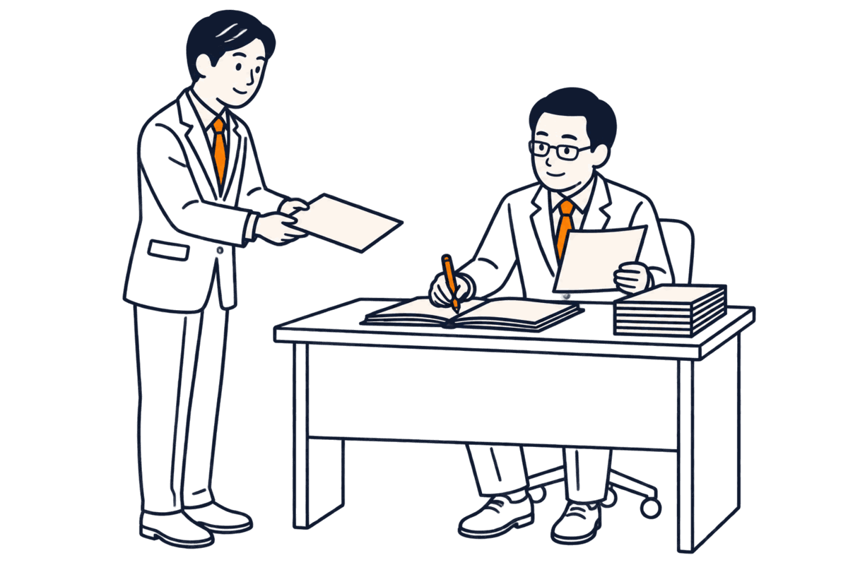 執務机で登記官が申請書の束を台帳と照らし合わせ、向かいに司法書士が立って申請書を差し出す