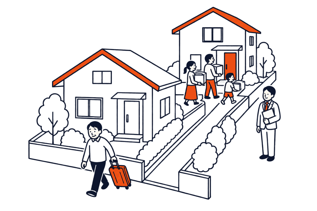 奥の家に新しい家族が引っ越してくる場面、隣家の敷地を通る小道はそのまま残り、以前の住人が去っていく