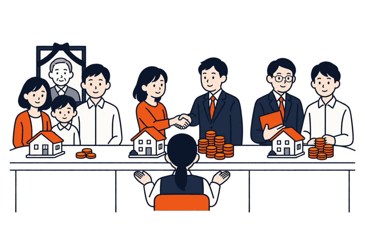 相続の家族・売買の二人・銀行員と家主の三組が、違う大きさの硬貨の山を窓口に出している