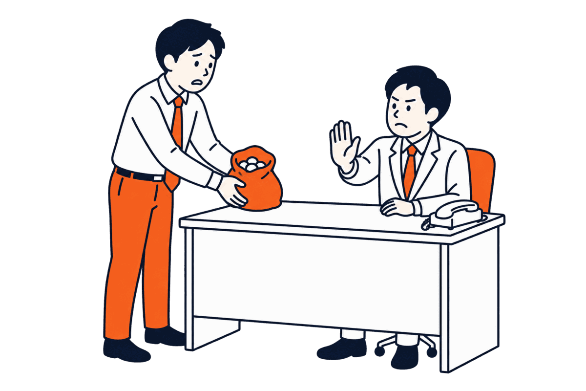 机に袋を置いて差し出す男性と、座ったまま手を振って断る相手