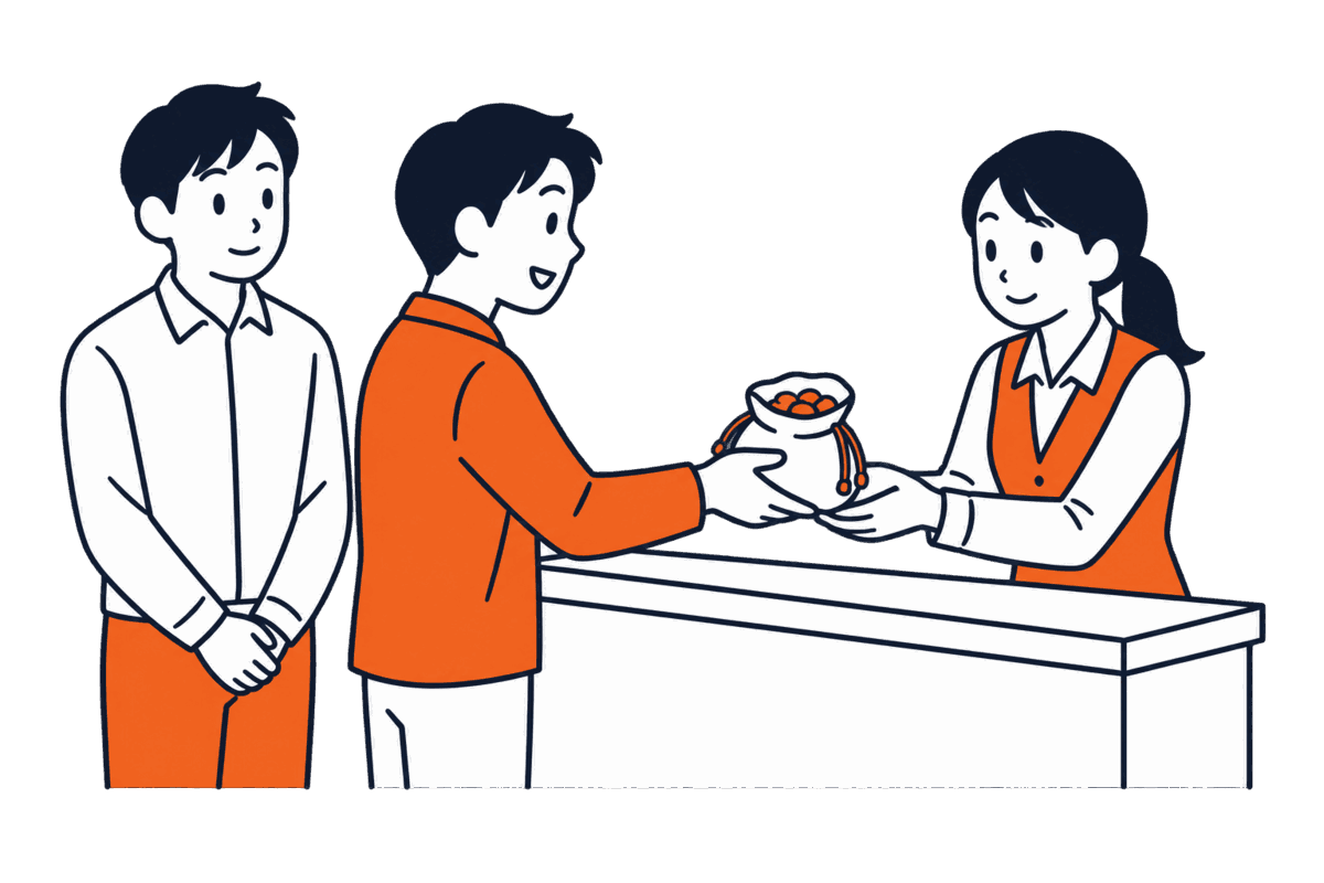 債務者の代わりに袋を窓口に差し出す友人と、後ろで見守る債務者
