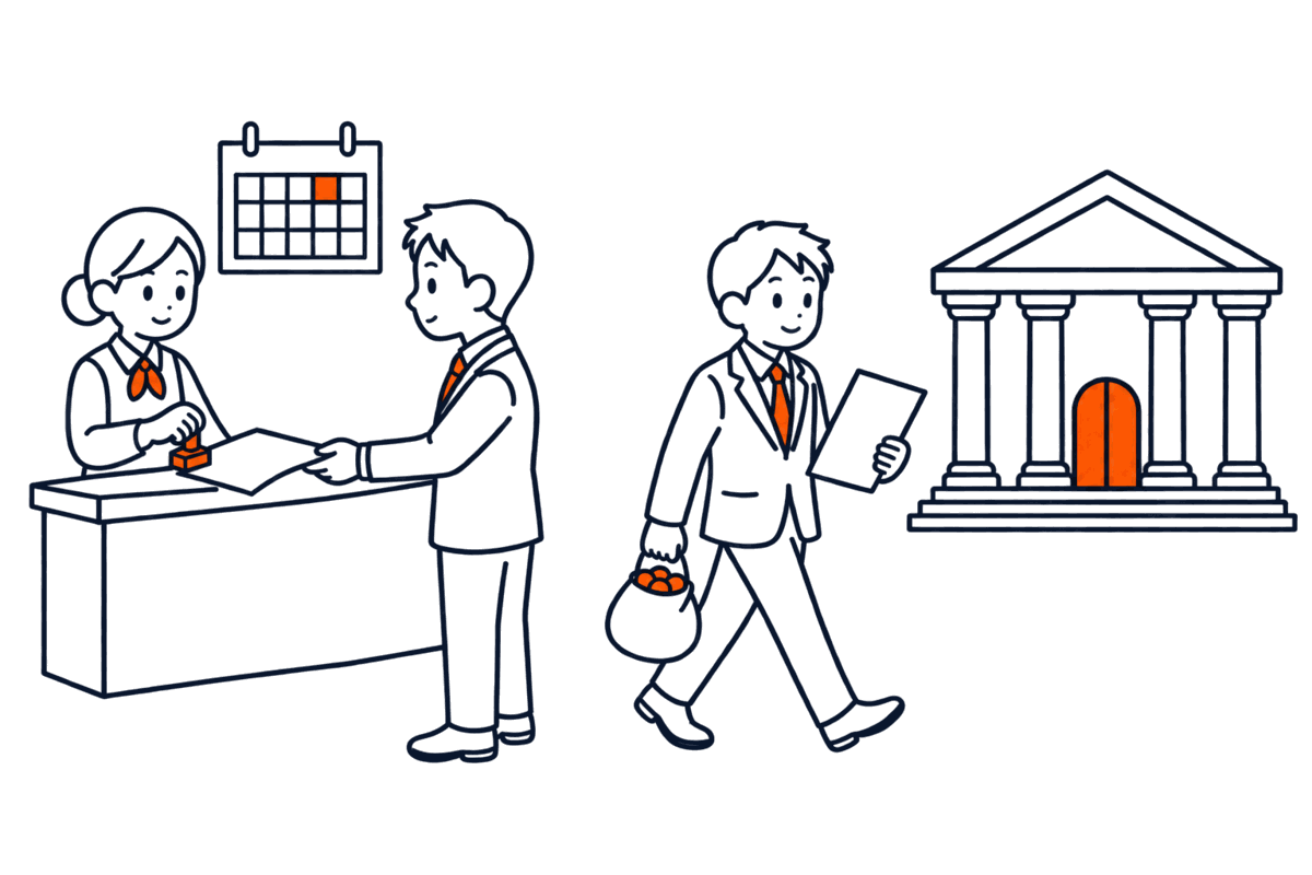 供託所の職員が書面に判を押して会社員に手渡し、会社員がその書面と硬貨の袋を持って銀行へ向かい、壁のカレンダーの一日に印が付く
