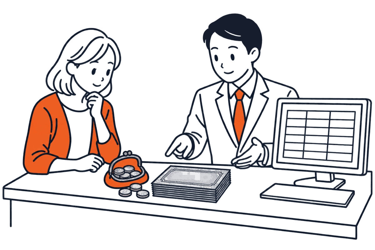 窓口の机に並ぶ硬貨の袋・証券の束・帳簿の端末を見比べる職員と供託者