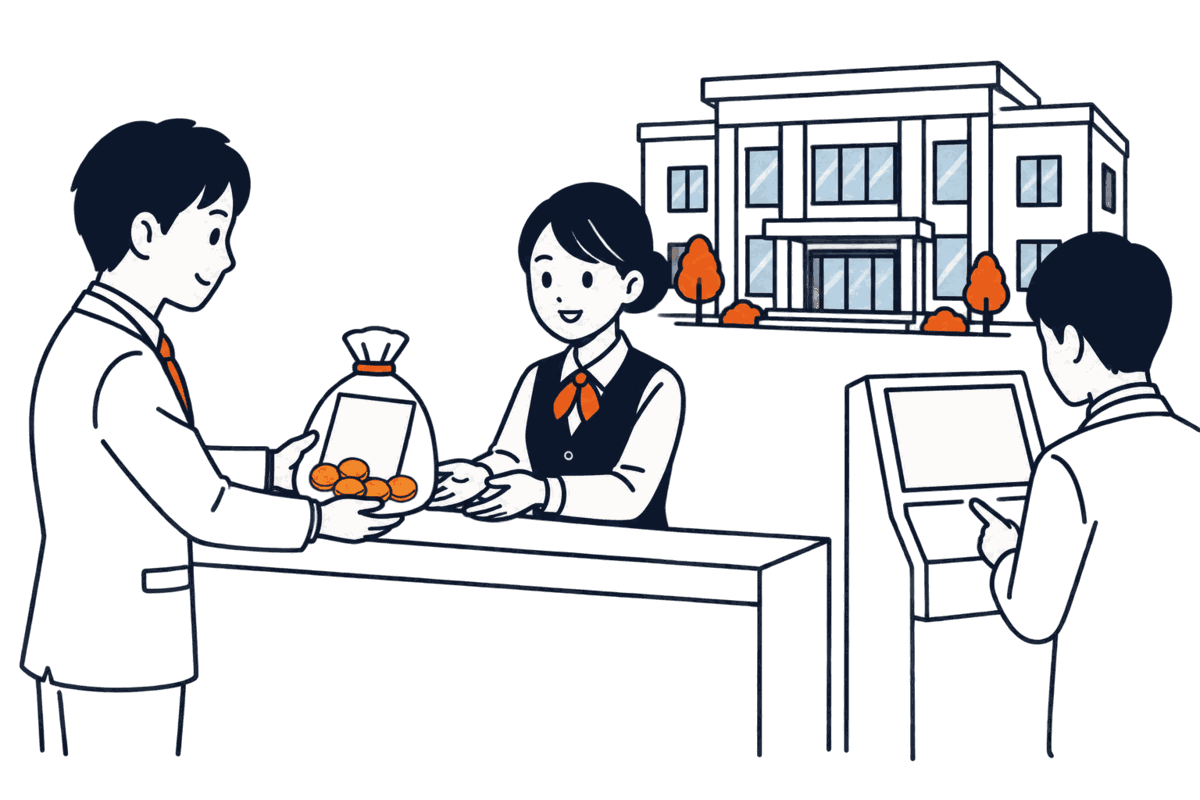 銀行の窓口で会社員が硬貨の袋と書面を差し出し、銀行員が受け取り、横で別の会社員が端末で番号を打ち込み、奥に供託所の建物が見える