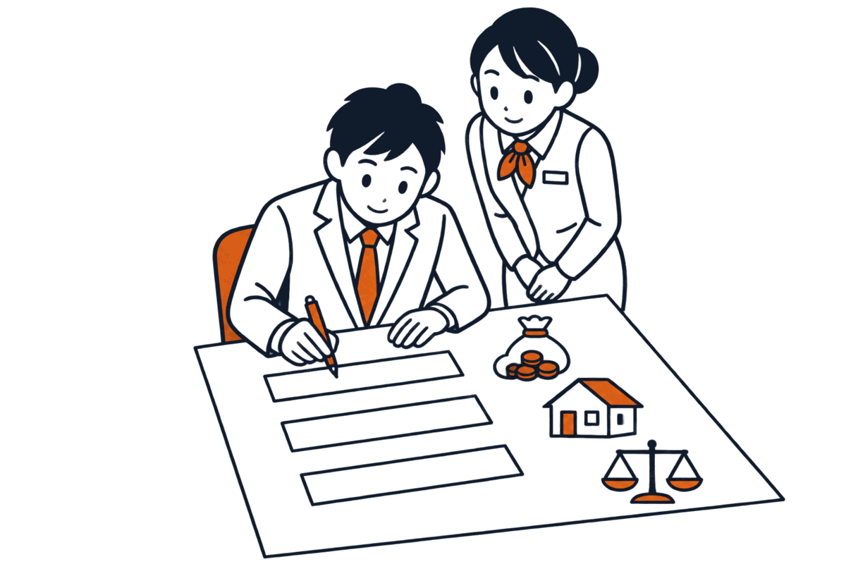 机に広げた大きな書面の枠を会社員がペンで埋め、枠の横に硬貨の袋、家の模型、天秤の小さな絵が並び、職員が肩越しに覗く