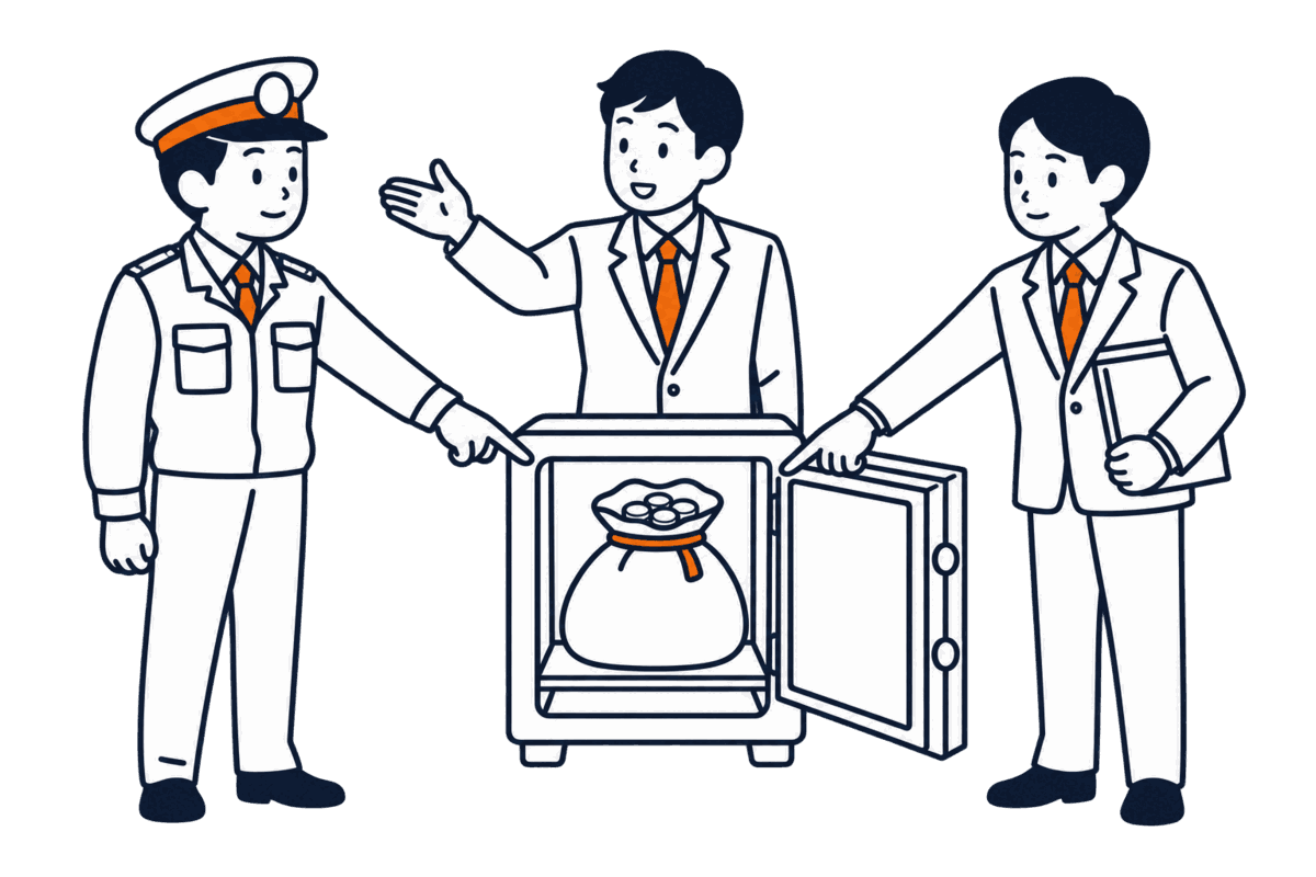 税務署の職員と裁判所の職員が一つの硬貨の袋を左右から指さし、間の会社員が先に来た方を示し、袋は供託所の金庫にある