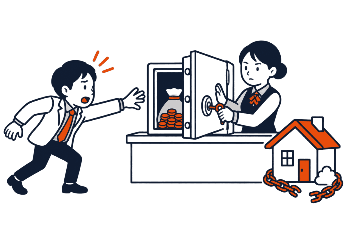 借主が供託所の窓口で硬貨の袋に手を伸ばすが、職員が金庫の扉を閉めて鍵を掛け、横に家に掛かっていた鎖が外れて落ちている