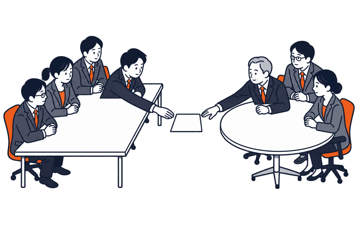 株主の長机と取締役の円卓が向かい合い、間の一枚の書面にどちらからも手が伸びている
