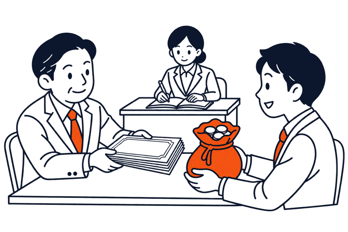 会社の代表者が新しい出資者に株券を手渡し、出資者が硬貨の袋を差し出す。奥で登記所の職員が帳簿を書き換えている
