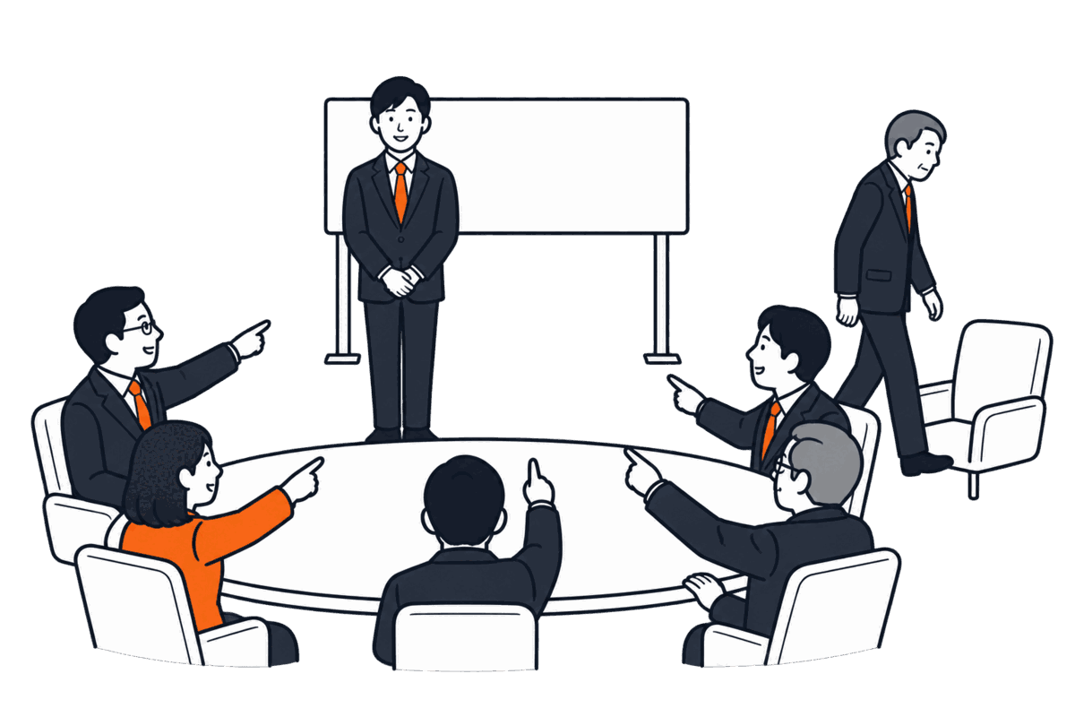 取締役たちが円卓で一人を指さして選び、その人物が会社の看板の前に立つ
