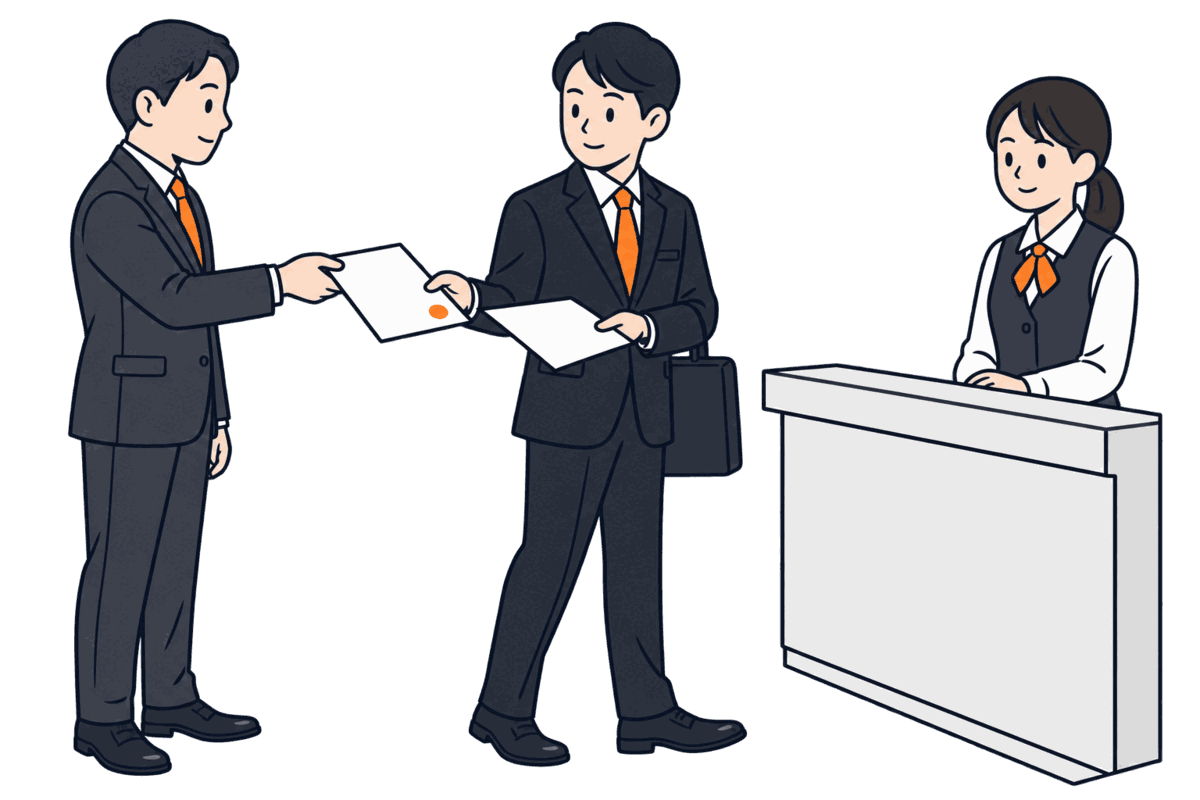代表者が司法書士に押印した書面を手渡し、司法書士が窓口へ向かう