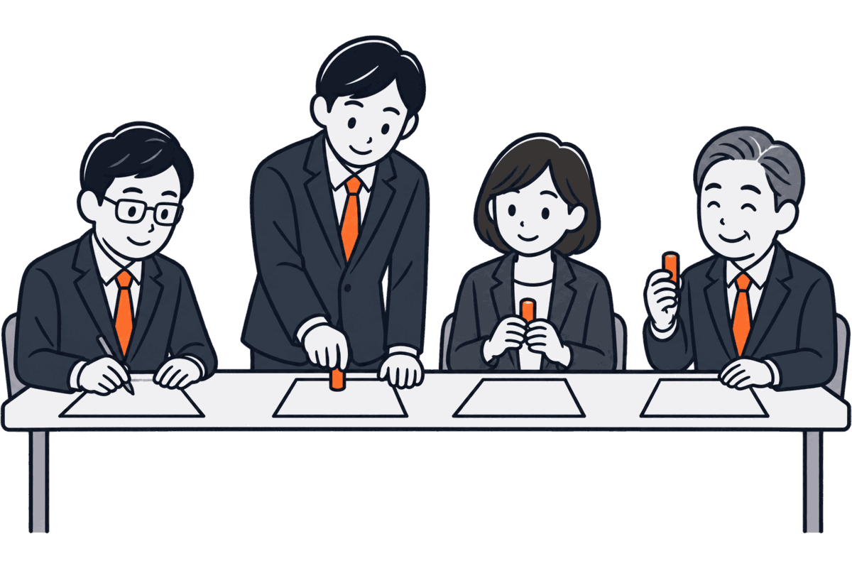 会議の終わりに出席した役員が順に議事録に印鑑を押し、一人は署名だけをしている